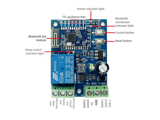 DC7-80V/DC5V 1 Way BT 5.0 BLE MESH Networking Mobile APP Remote Control Switch Relay Module with Diode Drain Protection
