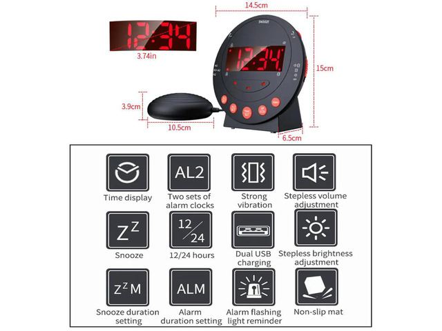 Adjustable Snooze Dual Alarm Setting TS-BC600 LED Display Alarm Clock Loud Vibrating with Bed Shaker Flashlight Brightness USB