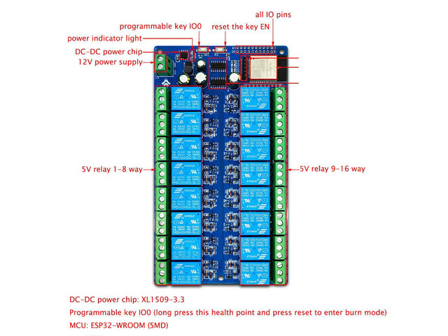 ESP32 16 Way Relay Module Development Board DC 5V-12V for Home ESP32-WROOM Secondary Development Module Relay Board