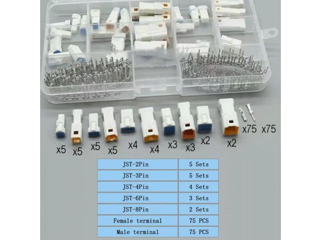 188PCS/19 Sets JST Series Connectors 2/3/4/6/8 Pin Waterproof Connectors Male Female JST Terminal 02T 03R 04R 06R Connector