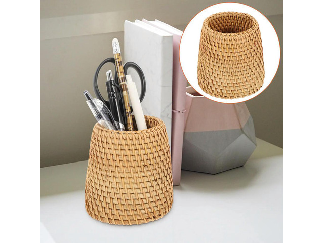 Rattan Pen Holder Desktop Organizer Natural Woven Stationery Container for Pens Makeup Brushes Pencils Decorative Tabletop
