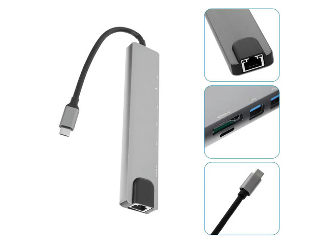 8 in 1 USB Hub Multi Port Adapter High Speed Type-C Docking Station Aluminum Alloy Data Transfer Expansion Transfer Adapter