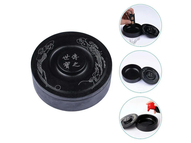 1Pcs Traditional Inkstone with Cover Round Inksea for Oriental Writing Art Decoration Gift Students Ink Grinding