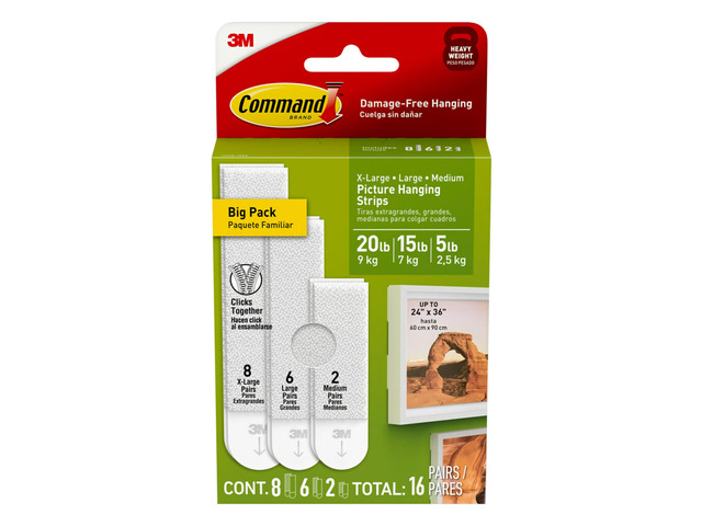20, 15 & 5 lb Assorted Picture Hanging Strips, 16 Pairs (32 Strips) White Picture Hanging Strips, Damage-Free Wall Hangers for Frames, No Tools...