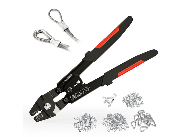 Wire Rope Crimping Tool Kit, Up to 2.0mm Swaging Tool for 3/64 1/16 5/64 inch Sleeves, Wire Rope Crimper with 140pcs Sleeves and 10pcs Thimbles