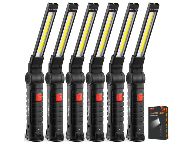 6Pack Magnetic Rechargeable LED Work Light/Flashlight for Mechanics 360° Rotation, Super Bright, 5 Modes, Compact, Tail Hook, for Car Repairing,...