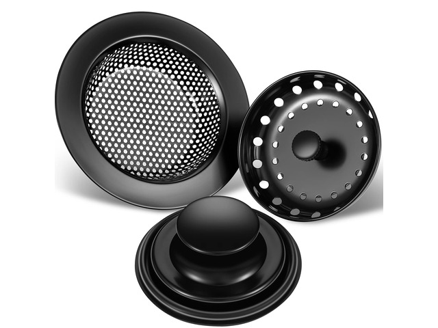 3 Pcs Sink Plug Stopper Disposal Drain Strainer,Black Stainless Steel, Universal Fit for Kitchen Drains, Anti-clogging Mesh Basket, Strainer and...