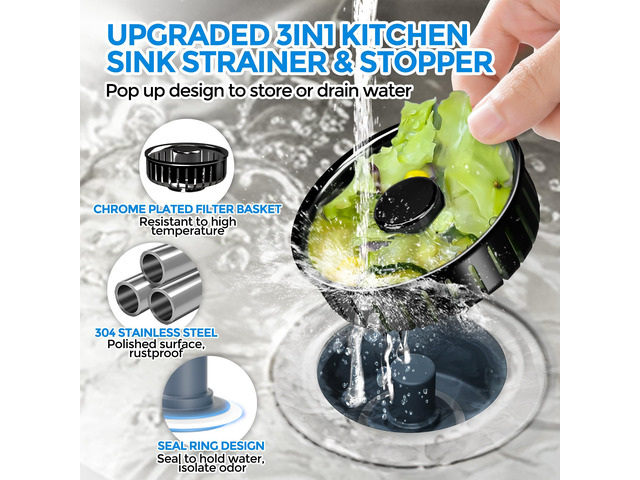 3 in 1 Kitchen Sink Drain Strainer Stopper Removable Basket Pop-Up Kitchen Sink Accessories 1 Pack Brushed Black Stainless - Food Catcher,...