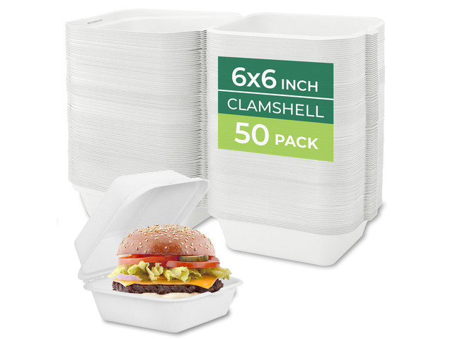 Clamshell Food Containers with Lids [6x6 50-Pack] Disposable To Go Containers, Biodegradable Sugarcane To Go Boxes - Paper Container - Microwave &...