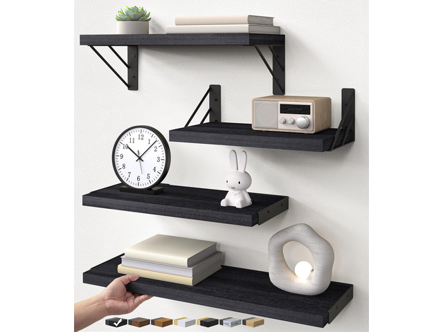 Wall Mounted Floating Bathroom Shelves, Wood Wall Shelf for Bathroom Essentials & Decor, Space-Saving Display & Organizer (Black, Set of 4)