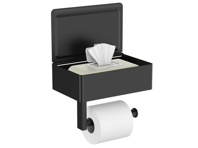 Toilet Paper Holder with Shelf, Wall-Mounted Modern Wipes Dispenser Matte Black Toilet Paper Holder with Storage for Bathroom Fits Wipes, Sanitary...