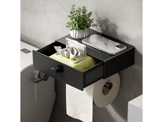 Toilet Paper Holder with Shelf Black Wipes Dispenser for Bathroom Toilet Paper Holder with Storage Upgrade Drawer Design Toilet Tissue Holder...