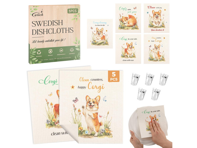 wlich 5 Pack Swedish Dishcloths, Reusable Kitchen Towels with Clips, Dog Non-Scratch Kitchen Towels and Dishcloths Sets, Washable Swedish Dish...