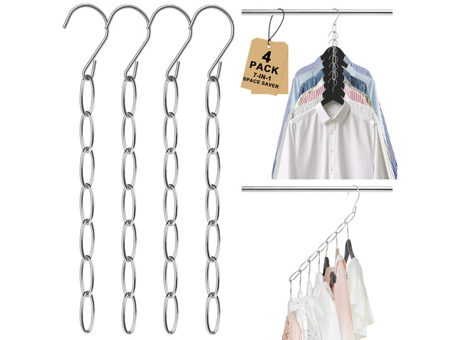 Saving Hangers, 4 Pack Metal 7-Loop Clothing Chain Hanger Organizer Collapsible Closet Space Saver for Clothes, Small Closet Organizers and...