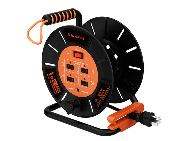 Extension Cord Storage Reel with 4-Grounded Outlets & 2 USB Ports, Heavy Duty Open Cord Reel for 12/3,14/3,16/3 Gauge Power Cord, Hand Wind...