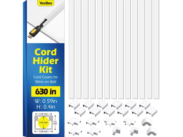 630in Cord Hider Kit, Cord Covers for Wires on Wall, Cord Hider for Wall Mount tv, tv Cable Hider Wall kit, Paintable Cable Raceway, Wire Covers...