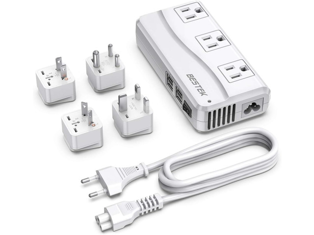 Universal Travel Adapter 100-220V to 110V Voltage Converter 250W with 6A 4-Port USB Charging 3 AC Sockets and EU/UK/AU/US/India Worldwide Plug Adapter