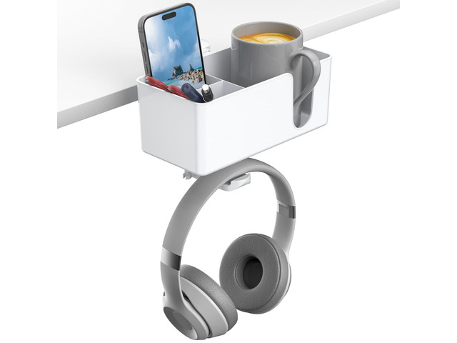 4-in-1 Desk Organizer - Under Desk Cup Holder and Headphone Hanger with 2 Wire Holes - Rotating Hanger and Detachable Storage for Cup, Phone and...