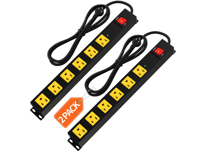 Heavy Duty 6 Outlet Metal Long Power Strip, 2700J Surge Protector with 15A Circuit Breaker, 6FT Extension Cord, Wall Mount for Garage, Workshop &...