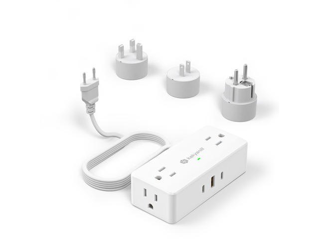 European Travel Plug Adapter, EU/UK/JP Plug Adapter, 4 AC Outlets, 3 USB Ports (2 USB C), 5ft Flat Extension Cord, Compact for Travel