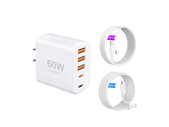 60W Multi-Port USB-C Charger with Cables (4FT + 6FT), 5-Port Wall Plug Power Adapter Compatible with iPhone 17/16/15 Series, iPad, Samsung S25/S24,...