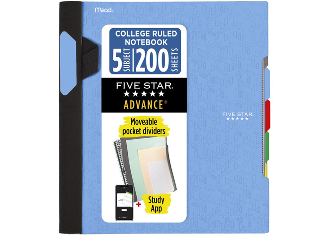 Advance Spiral Notebook + Study App, 5 Subject, College Ruled Paper, 8-1/2' x 11', 200 Sheets, Spiral Guard, Movable Tabbed Dividers, Pacific Blue...