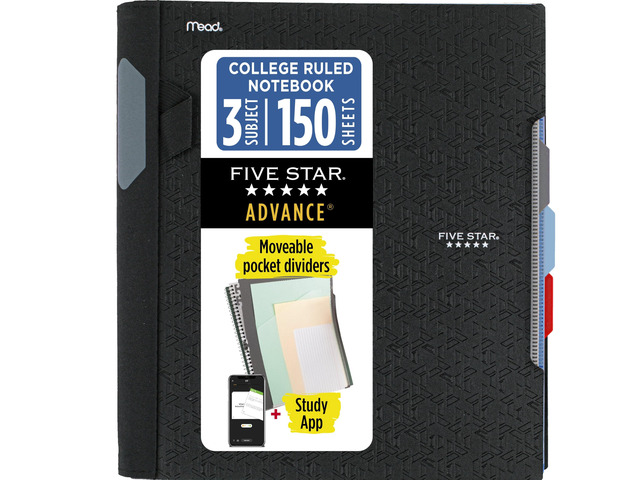 Advance Spiral Notebook + Study App, 3 Subject, College Ruled Paper, 8-1/2' x 11', 150 Sheets, Spiral Guard, Movable Tabbed Dividers, Black (73132)