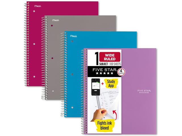Spiral Notebook + Study App, 4 Pack, 1 Subject, Wide Ruled Paper, 8' x 10-1/2', 100 Sheets, Fights Ink Bleed, Water Resistant Cover, Purple, Pink,...