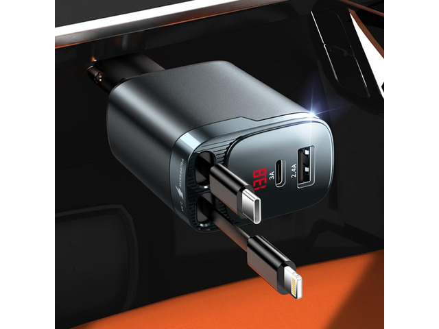 84W Retractable Car Charger, 4-in-1 Car Charger Adapter USB C Fast Charge