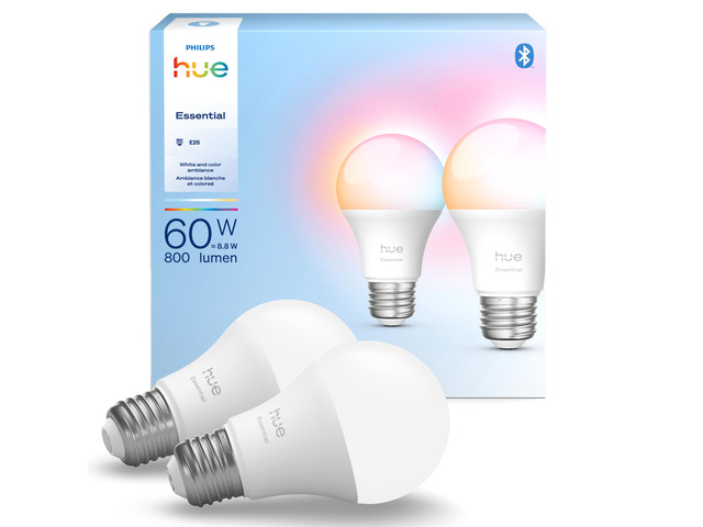 Essential Smart LED A19 Bulb, White and Color Ambiance, E26 Base, 8.8W, 2200K-6500K, 800 Lumens, Dimmable, Works with Alexa, Google, and Apple...