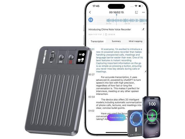 AI Voice Recorder: 64GB with Free Transcription & AI Summary, APP & Web Control, 121 Languages, Wireless Charging for Meetings(The APP is...