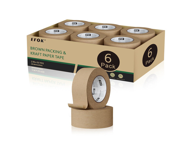 6 Rolls Brown Packing Tape Bulk Packaging Kraft Paper Tape 2In X 55Yds Writable Moving Tape for Boxes, Cardboard Shipping for Packing Boxes, Tear...