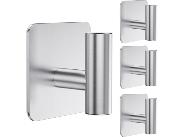 4 Pack Large Heavy Duty Wall Hooks - 26lb Max, Stainless Steel Adhesive Towel Hook, Shower Hooks for Hanging Towel, Coat, Robe, Wall Hook for Use...