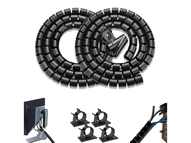 PC Cable Management Sleeve Tube Desk Cord Organizer 2 PCS Black, 7/8 inch -5 ft Cover Wrap Easy to Install Messy Wire Solution for TV Office...