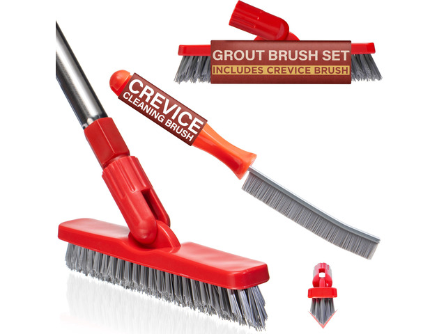 Foxtrot Living Grout Brush with Long Handle and Crevice Cleaning Brush Set V-shaped, telescopic handle, crevice cleaning included, Grout cleaner...