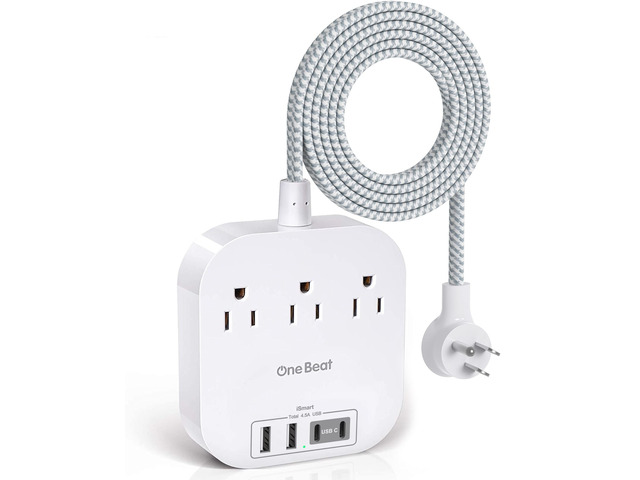 Power Strip with USB C,15ft Extra Long Braided Extension Cord 22.5W 3 Outlets 4 USB Ports, Desktop Charging Station, Flat Plug, Non Surge...