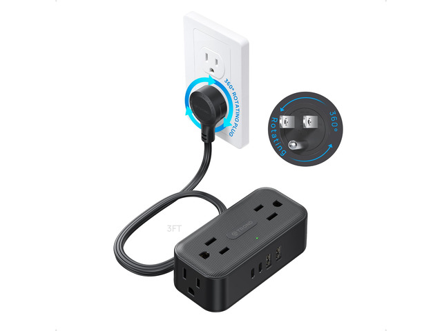 360° Rotating Flat Plug Power Strip 3ft, 4 Widely AC Outlets, Black Flat Extension Cord 4 USB Ports (2 USB C), 10A/1250W, Wall Mount, 900J Surge...