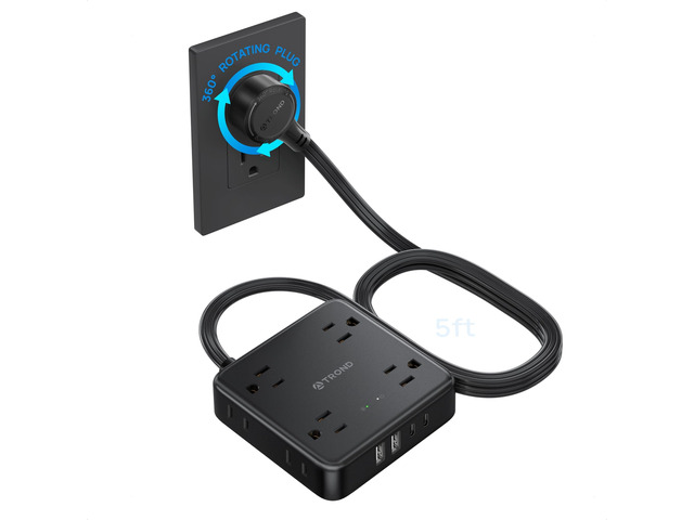 360° Rotating Flat Plug Power Strip 5ft, 8 AC & 4 USB (2U2C), Black Flat Extension Cord 1625W, 1440J Surge Protector with USB Ports, Wall...