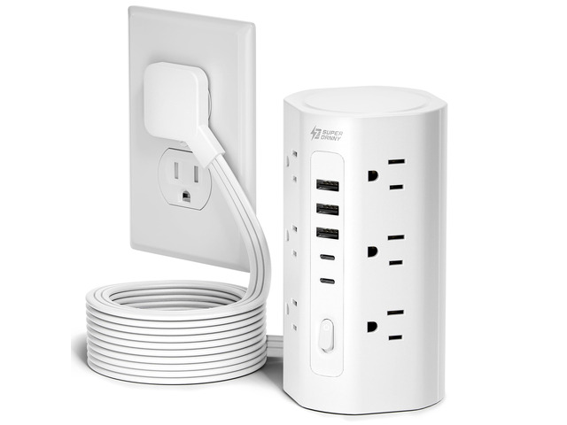 20Ft Tower Power Strip, Long Extension Cord, Flat Plug, 1700J, 12 AC 5 USB 3 USB A 2 USB C, Surge Protector Power Tower, Desk Charging Station...