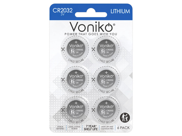 Voniko CR2032 3V Lithium Batteries 6 Pack for Child Safety, Compatible with AirTag, Key Fobs, Thermometers, Scales 7 Years Shelf Life