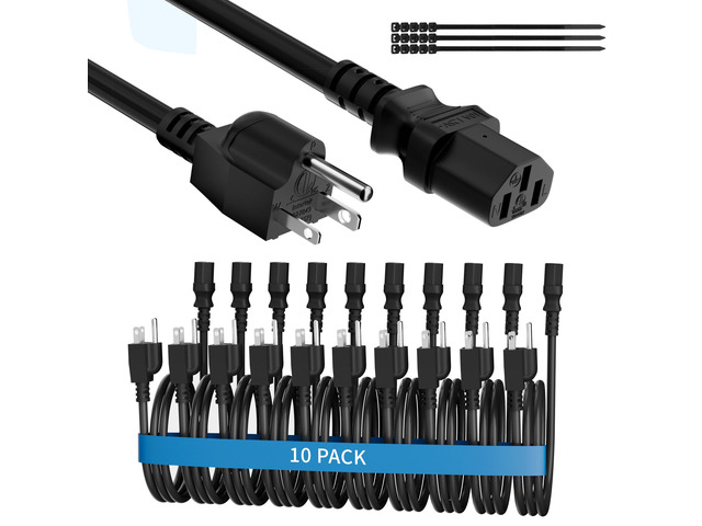 Computer TV Monitor Replacement Power Cord 10 Ft/10 Pack, 3-Prong AC Universal Power Supply Cable 5-15P to IEC 320 C13 C14, SJT 18AWG 10A/125V for...
