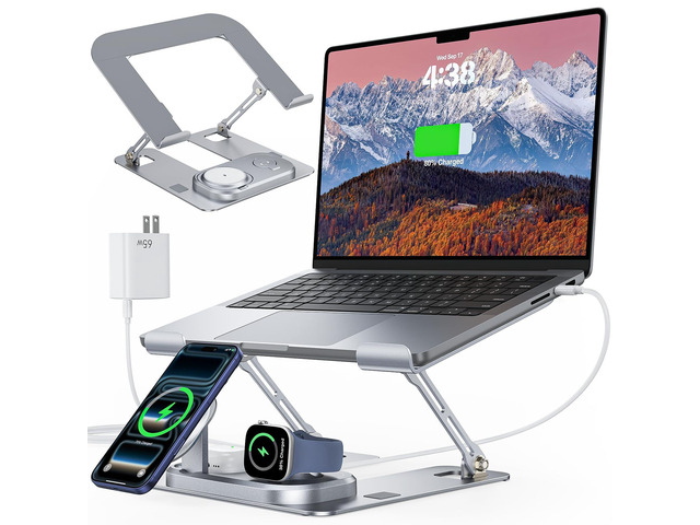 Laptop Stand with Wireless Charging Station Base, Foldable Aluminum MacBook Holder with MagSafe Charger for iPhone/iWatch/AirPods, 30W USB-C Wired...
