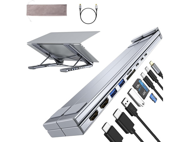 M91 Laptop Docking Station Dual Monitor Stand, 9 in 1 USB C Hub 2 HDMI 4K@60Hz, Portable Laptop Stand with USB Ports, Multiport Adapter USBC Dock...