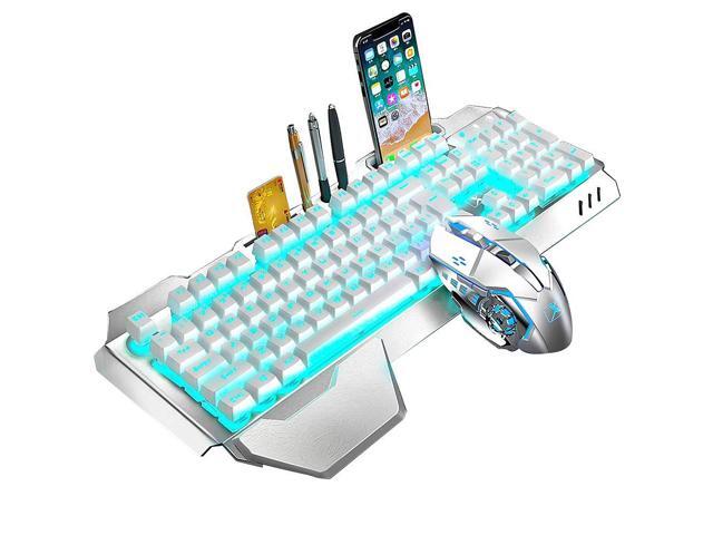 Wireless Keyboard and Mouse, Blue LED Backlit Rechargeable Keyboard with 3800mAh Battery, Metal Panel, Removable Hand Rest Mechanical Feel, 7 Color...