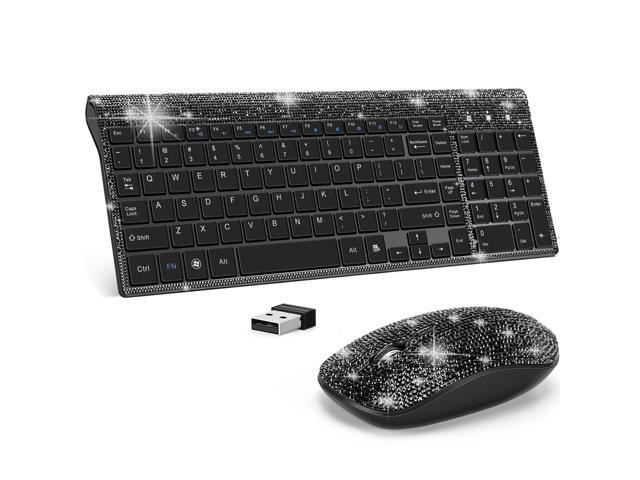 Dazzling Luxury Keyboard and Mouse Wireless, Sparkly Bling Rhinestone Wireless Mouse and Keyboard Gift Set (Black)