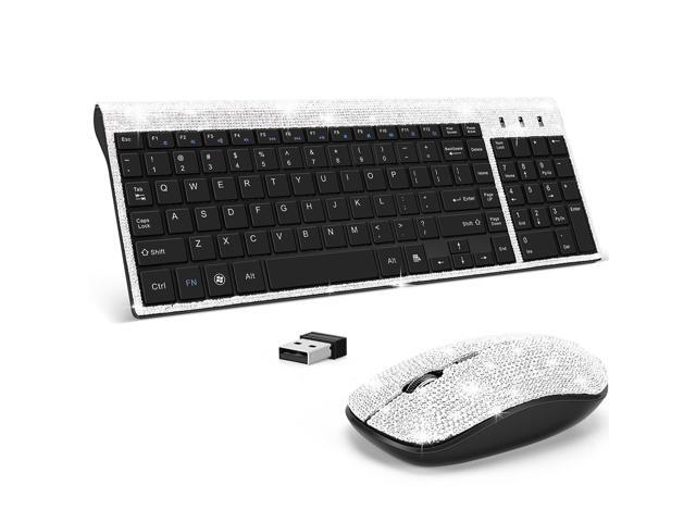Dazzling Luxury Cute Keyboard and Mouse Wireless, Sparkly Bling Rhinestone Wireless Mouse and Keyboard Gift Set (Silver)