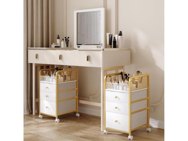 Rolling Makeup Organizer Cart with 3 Drawers, Under Desk Vanity Makeup Storage Cart, Bathroom Storage Cart Cosmetic Display Cases Cabinet for Nail...