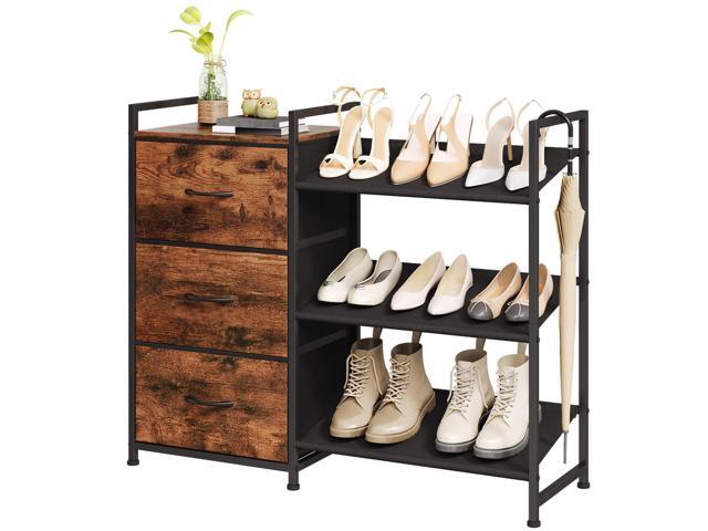 Shoe Rack, 3 Tier Shoe Organizer with 3 Drawers, Metal Shoe Storage Shelf for 6-9 Pairs of Shoes with Fabric Shelves and Wooden Top, Narrow Shoe...