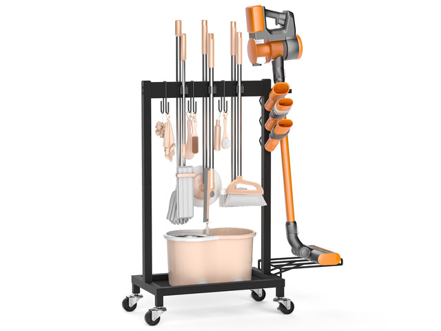 Broom Holder with Cleaning Supplies Organizer, 18' Wx11.8 Dx34.6 H Load 160 LBS, Cleaning Cart with Wheels, 6 Mop Hanger Grippers, 3 Double-Hooks,...