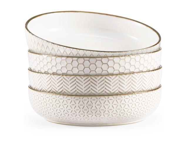 Pasta Bowls, Ceramic, Embossed Serving Bowls For Stews and Salads, Large Capacity, Microwave & Dishwasher Safe, Ivory with Dark Copper Accents, Set...